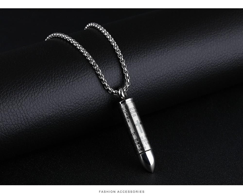 Cremation Necklace - Bullet Shaped Cremation Urn Necklace Engraved With A Cross & The Lord's Prayer English/Spanish