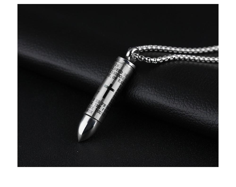 Cremation Necklace - Bullet Shaped Cremation Urn Necklace Engraved With A Cross & The Lord's Prayer English/Spanish