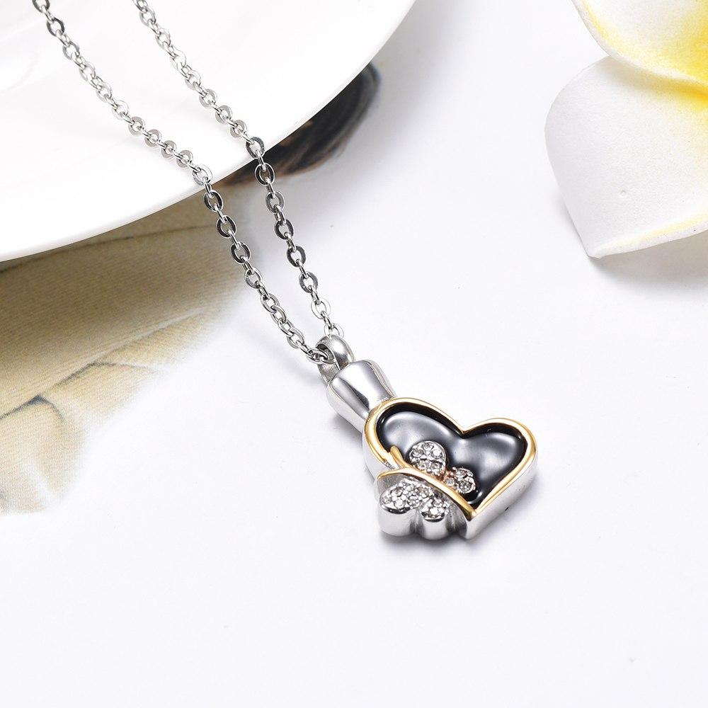 Cremation Necklace - Butterfly & Heart Cremation Urn Necklace With Rhinestones