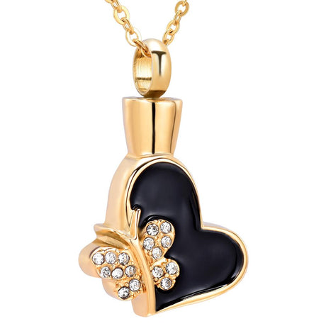 Cremation Necklace - Butterfly & Heart Cremation Urn Necklace With Rhinestones