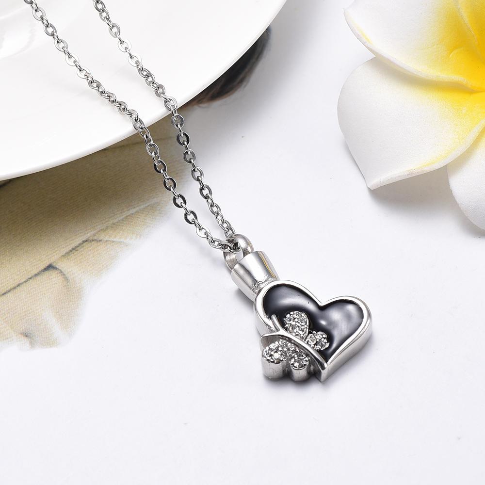 Cremation Necklace - Butterfly & Heart Cremation Urn Necklace With Rhinestones