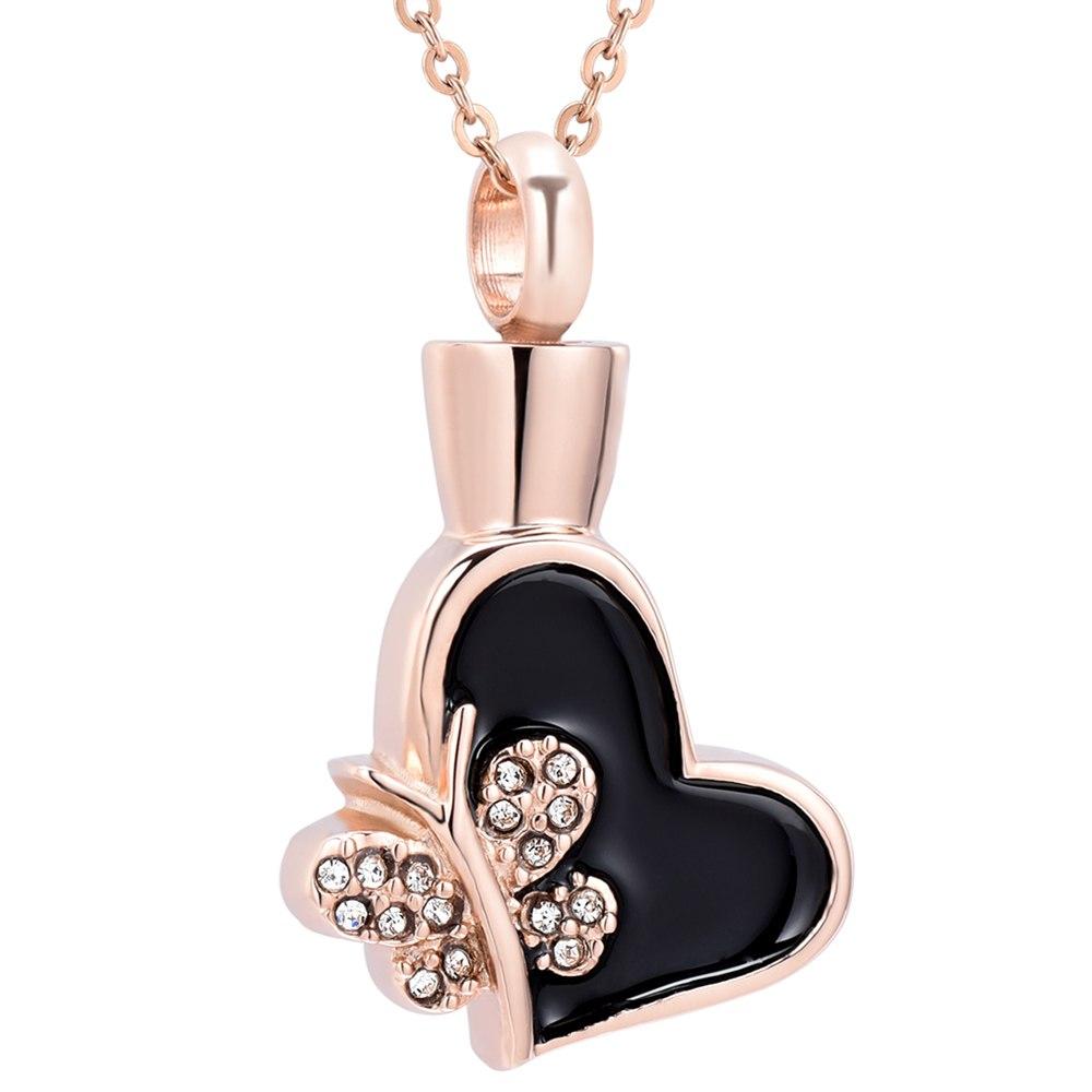 Cremation Necklace - Butterfly & Heart Cremation Urn Necklace With Rhinestones