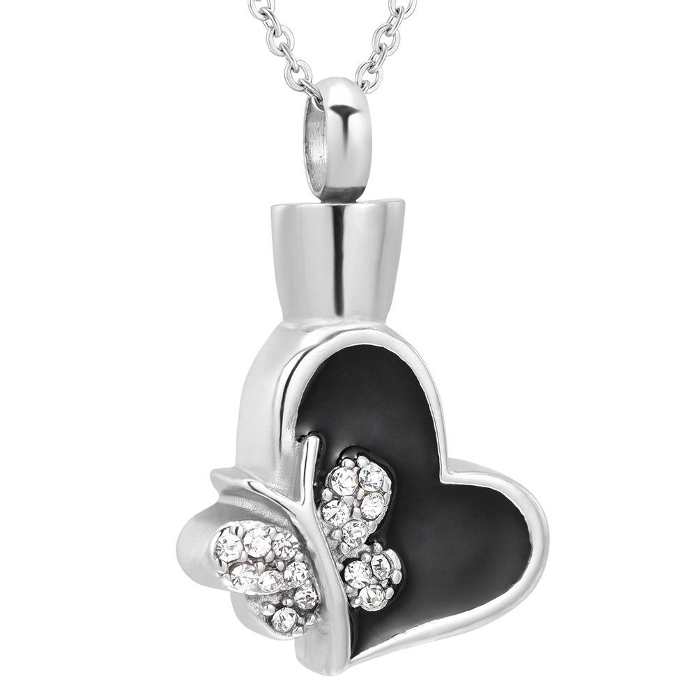 Cremation Necklace - Butterfly & Heart Cremation Urn Necklace With Rhinestones