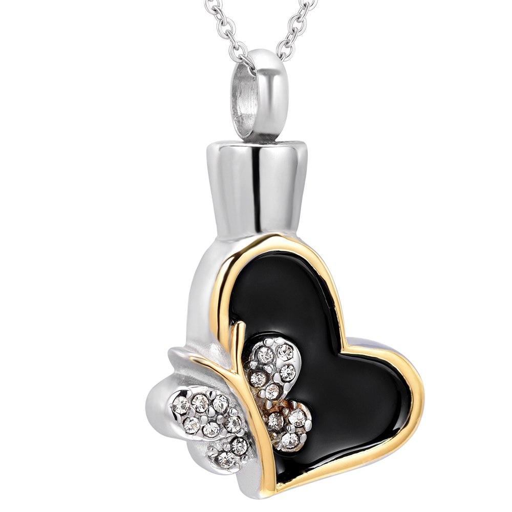 Cremation Necklace - Butterfly & Heart Cremation Urn Necklace With Rhinestones