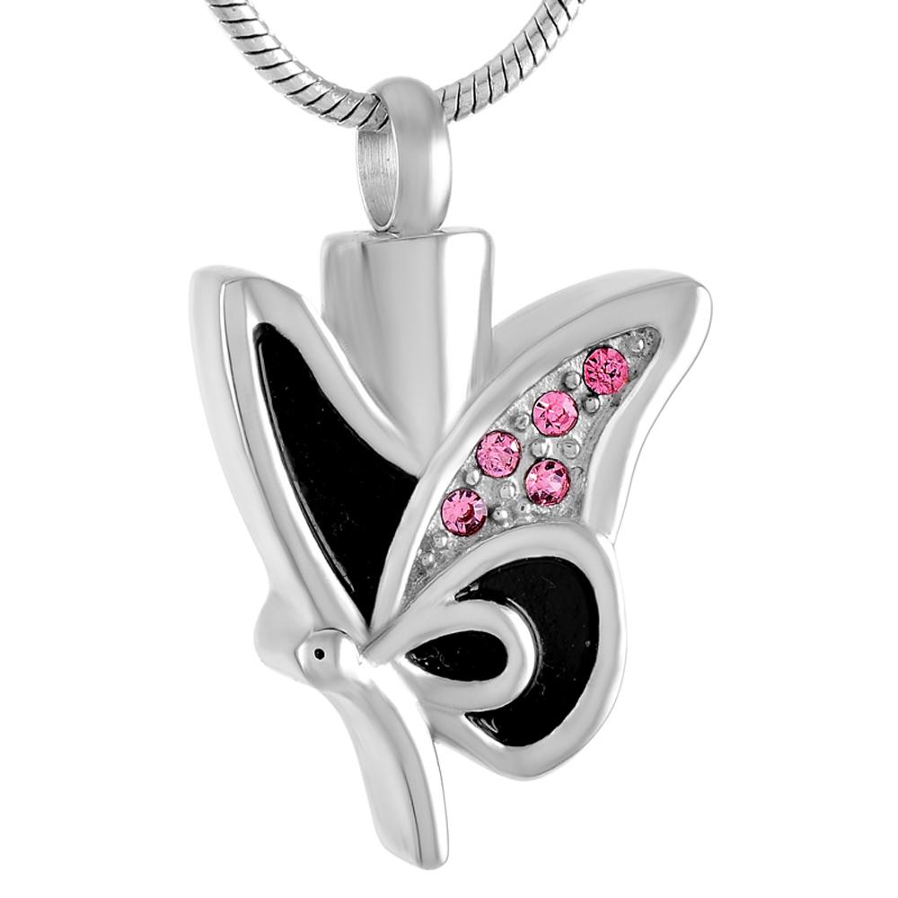 Cremation Necklace - Butterfly Shaped Cremation Urn Necklace With Rhinestones