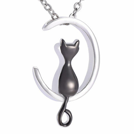 Cremation Necklace - Cat & Crescent Moon Cremation Urn Necklace