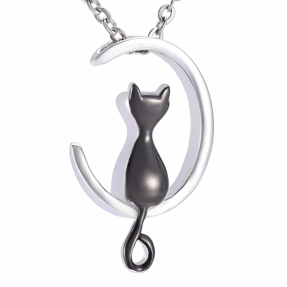 Cremation Necklace - Cat & Crescent Moon Cremation Urn Necklace