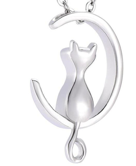 Cremation Necklace - Cat & Crescent Moon Cremation Urn Necklace