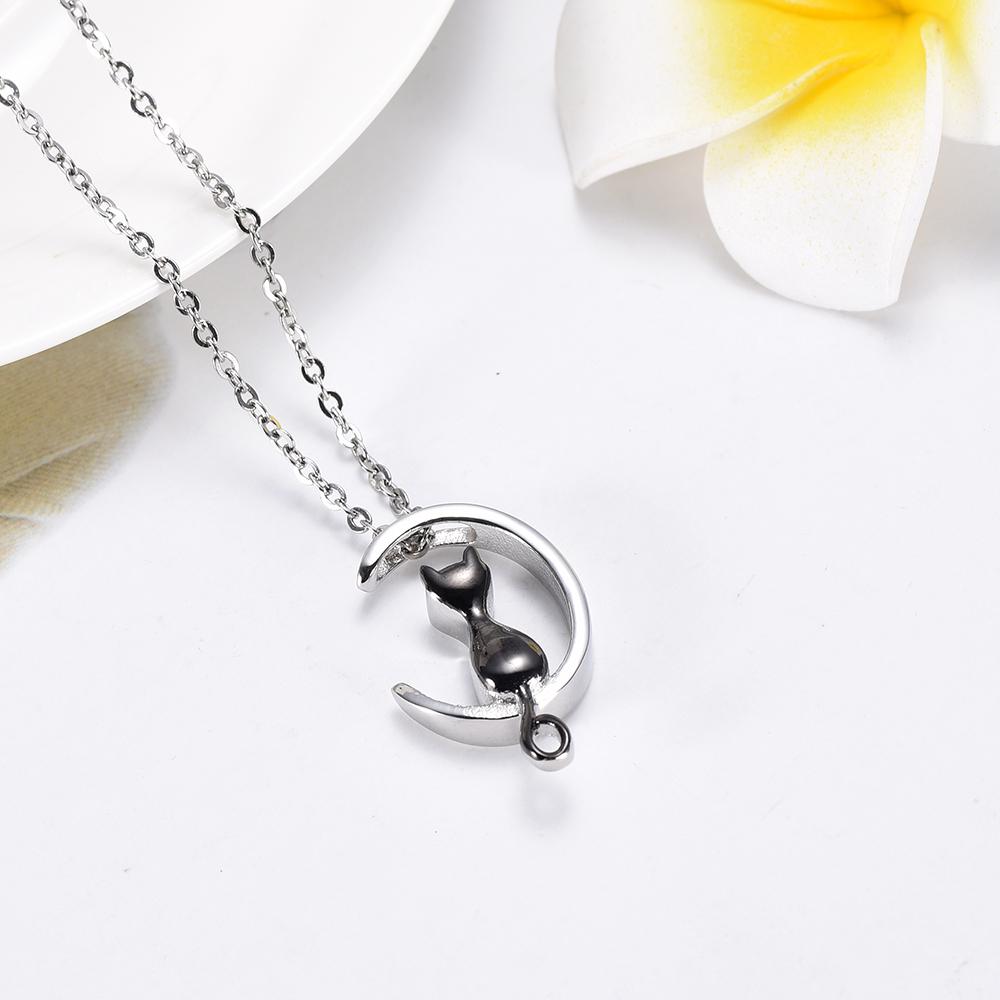 Cremation Necklace - Cat & Crescent Moon Cremation Urn Necklace