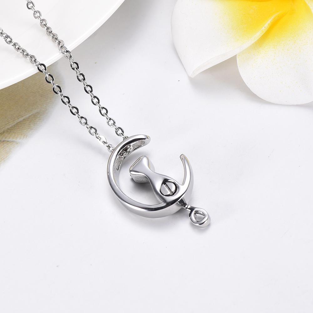 Cremation Necklace - Cat & Crescent Moon Cremation Urn Necklace