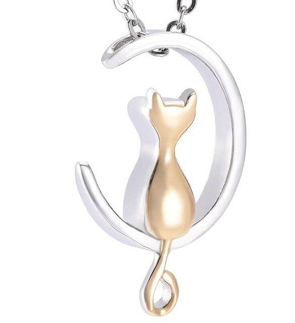 Cremation Necklace - Cat & Crescent Moon Cremation Urn Necklace