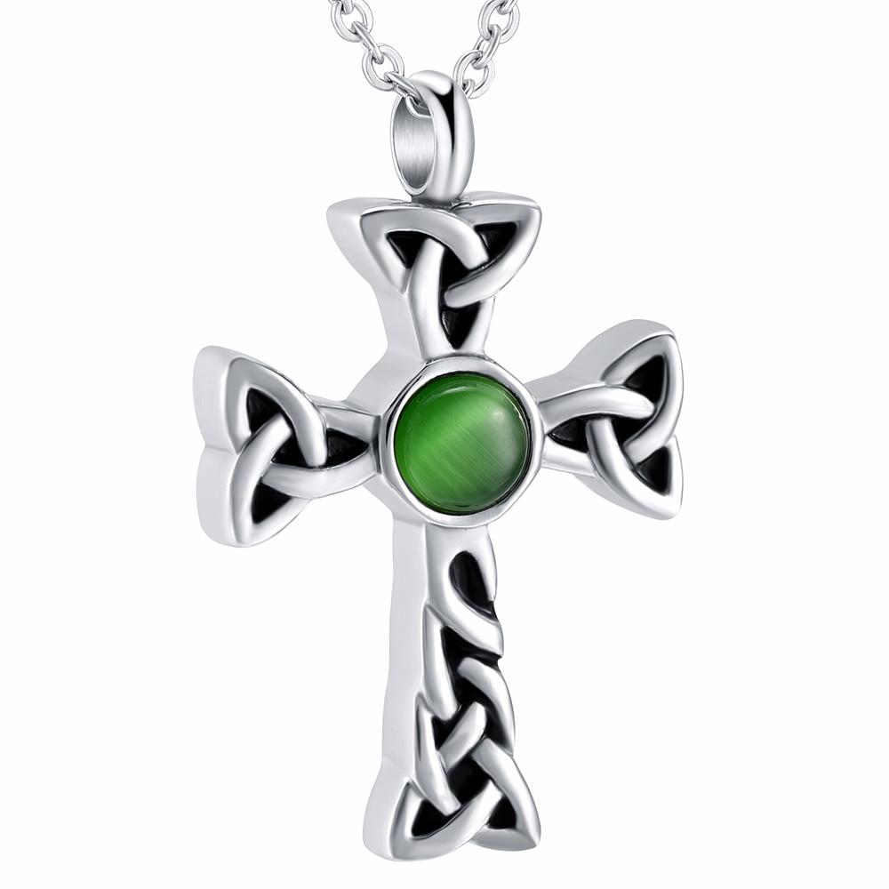 Cremation Necklace - Celtic Cross With Green Rhinestone Cremation Urn Necklace