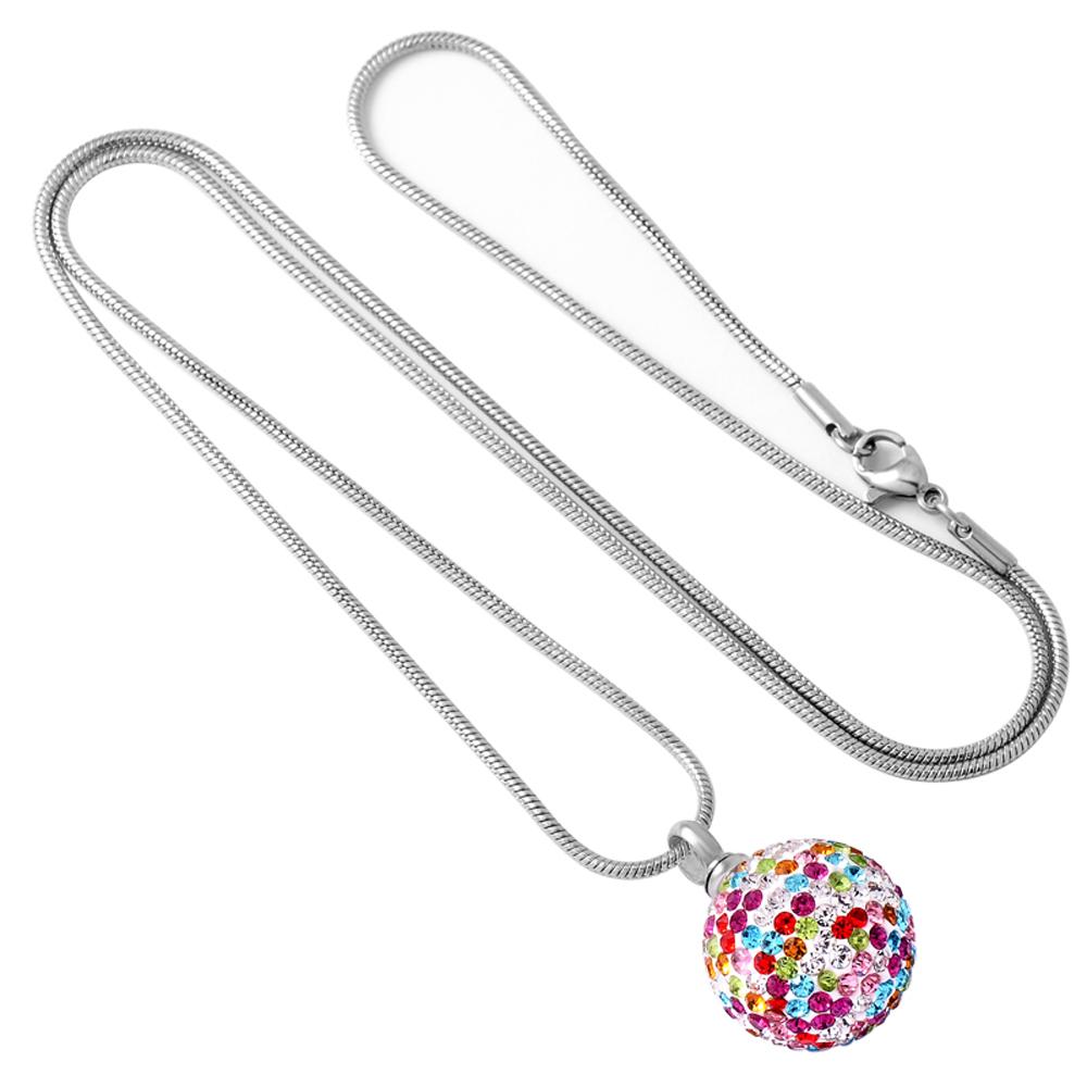 Cremation Necklace - Colorful Crystal Ball Cremation Urn Necklace With Rhinestones