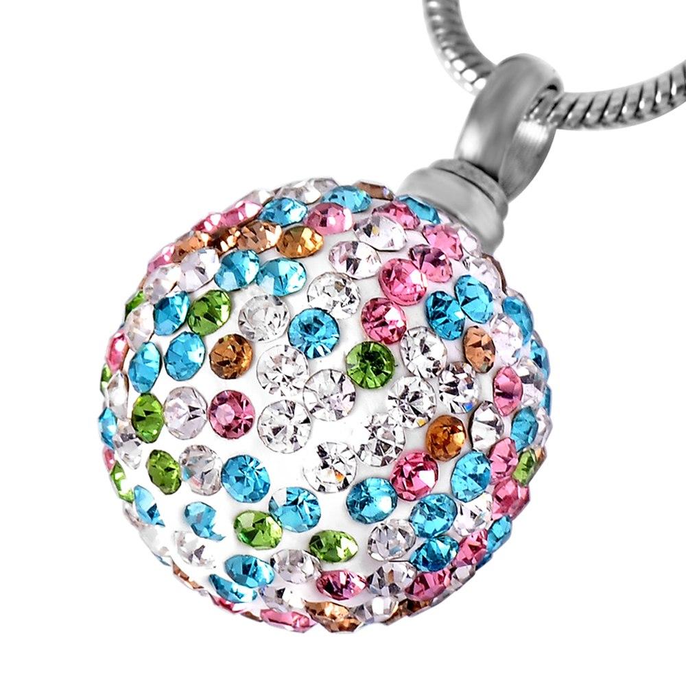 Cremation Necklace - Colorful Crystal Ball Cremation Urn Necklace With Rhinestones