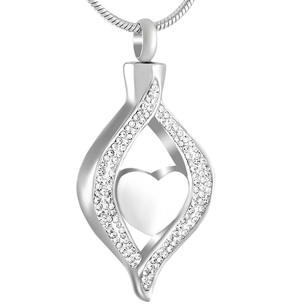Cremation Necklace - Crystal Teardrop With Heart Cremation Urn Necklace With Rhinestones
