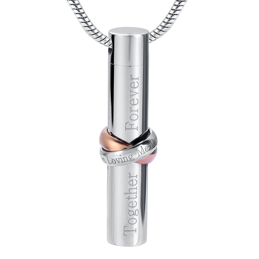 Cremation Necklace - Cylinder Cremation Urn Necklace With Infinity Band Engraved "Together Forever In Loving Memory"