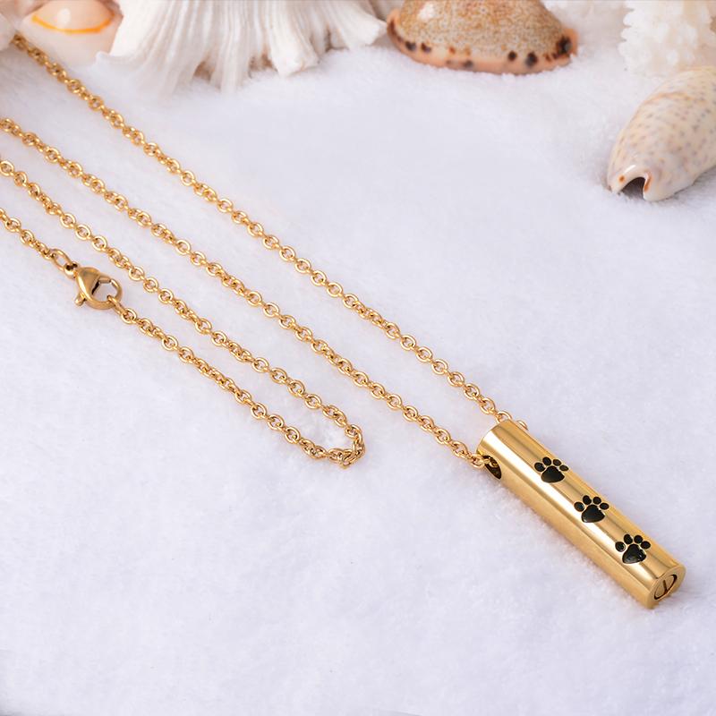 Cremation Necklace - Cylinder Cremation Urn Necklace With Paw Prints