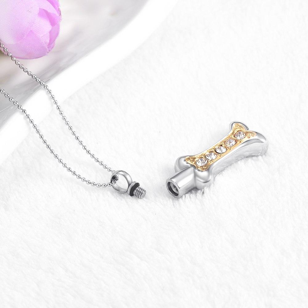 Cremation Necklace - Dog Bone Shaped Cremation Urn Necklace With Rhinestones