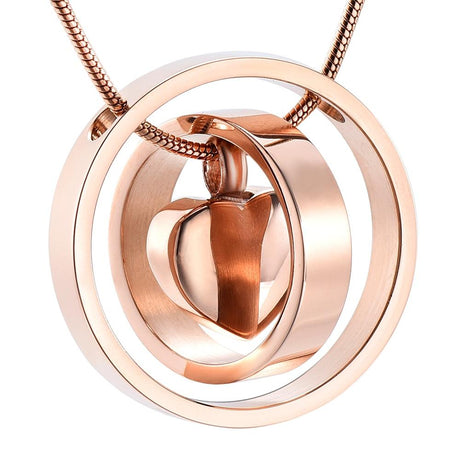 Cremation Necklace - Dual Circle Around Heart Cremation Urn Necklace