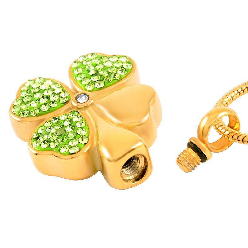 Cremation Necklace - Four Leaf Clover Cremation Urn Necklace With Rhinestones