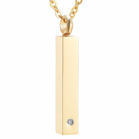 Cremation Necklace - Gold Column With Rhinestone Cremation Urn Necklace
