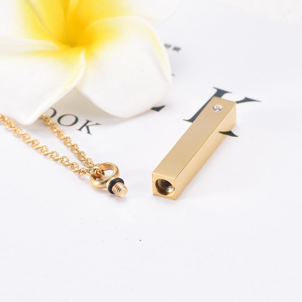 Cremation Necklace - Gold Column With Rhinestone Cremation Urn Necklace