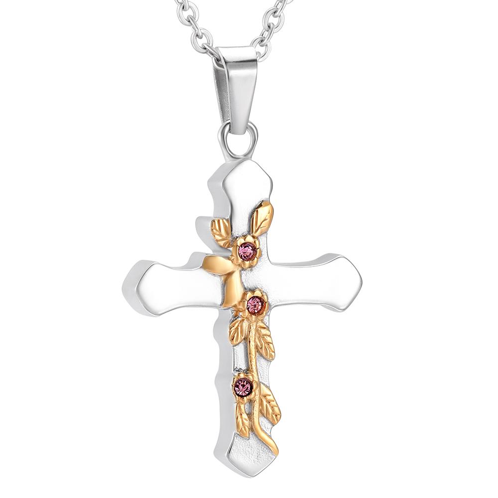 Cremation Necklace - Gold Flower & Silver Cross Cremation Urn Jewelry With Red Rhinestones