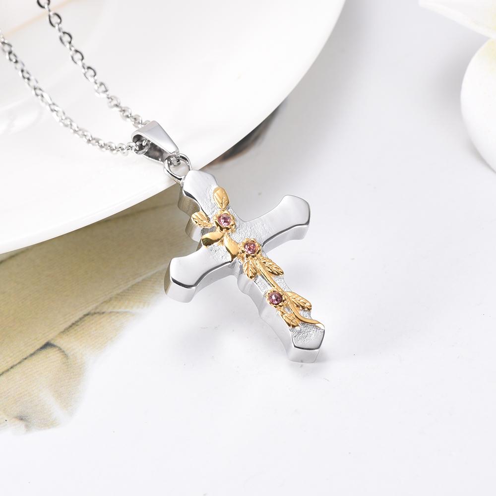 Cremation Necklace - Gold Flower & Silver Cross Cremation Urn Jewelry With Red Rhinestones