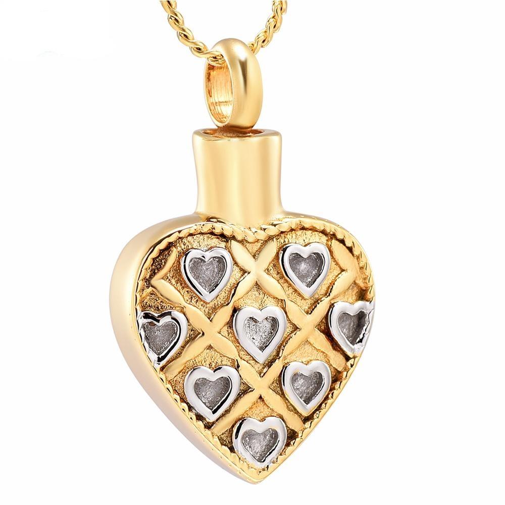 Cremation Necklace - Gold Shaped Heart With Silver Hearts Cremation Urn Necklace