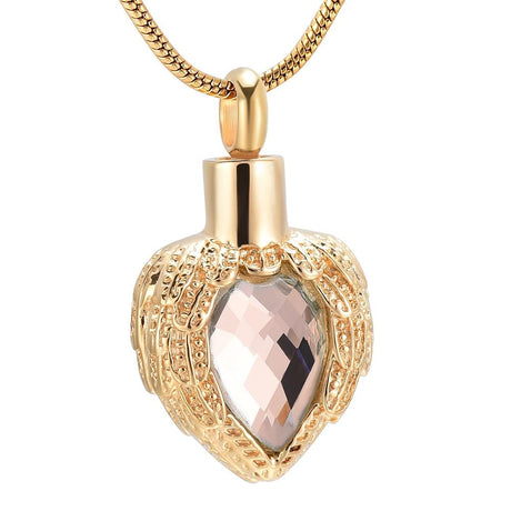 Golden Angel Wings Heart With Gemstones Cremation Urn Necklace