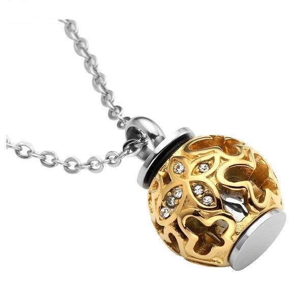 Cremation Necklace - Golden Butterfly Flower Lantern Cremation Urn Necklace With Rhinestones