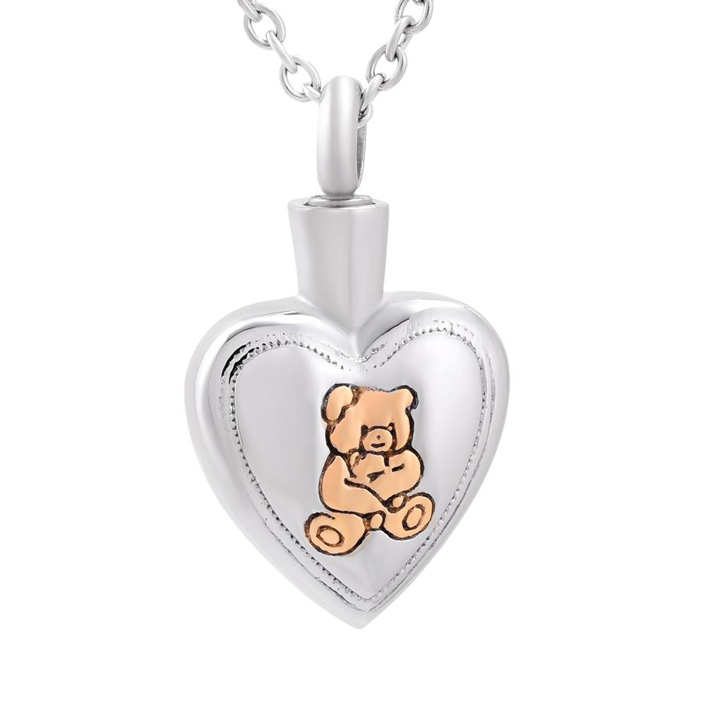 Cremation Necklace - Golden Cute Teddy Bear & Heart Cremation Urn Necklace