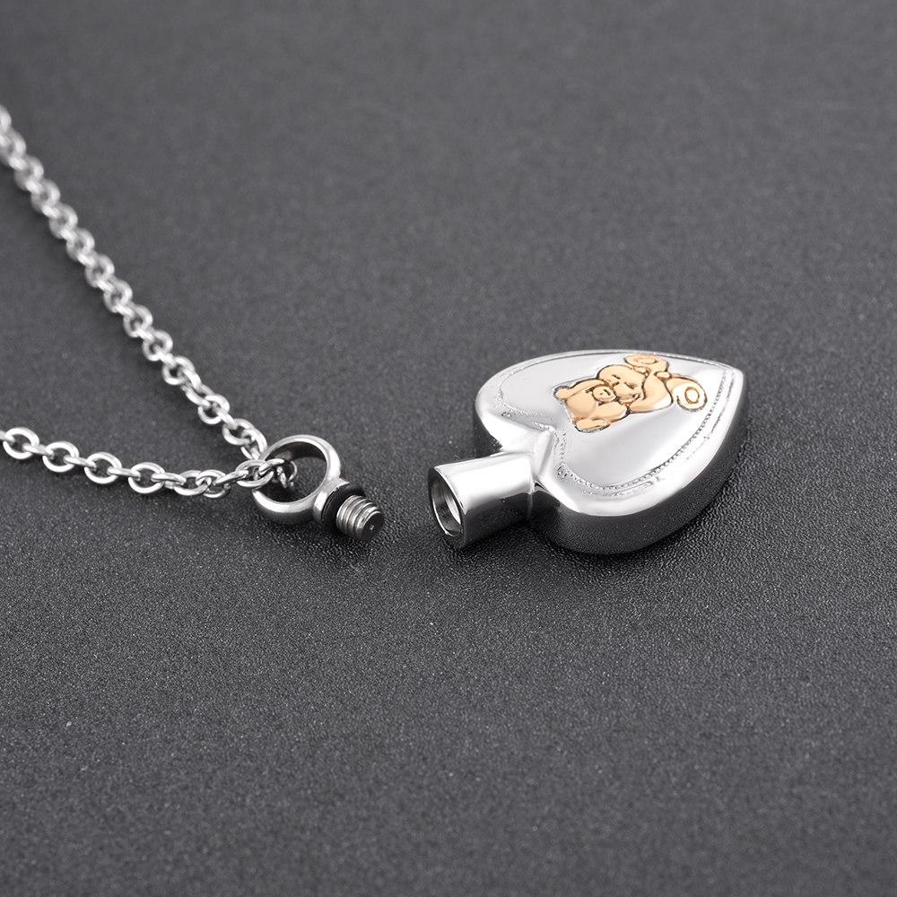 Cremation Necklace - Golden Cute Teddy Bear & Heart Cremation Urn Necklace