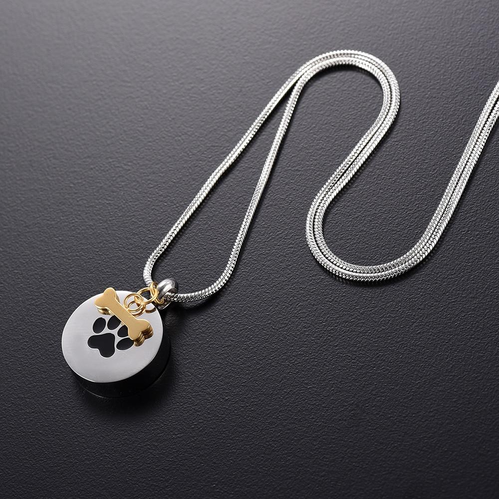 Cremation Necklace - Golden Dog Bone Charm & Paw Print Cremation Urn Necklace