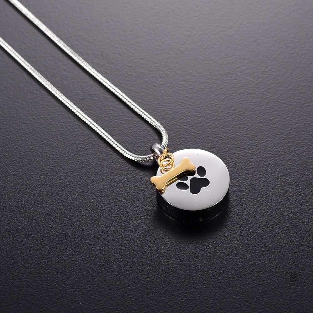 Cremation Necklace - Golden Dog Bone Charm & Paw Print Cremation Urn Necklace