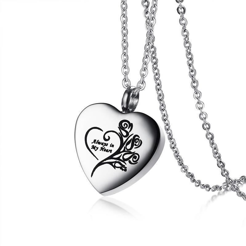 Cremation Necklace - Heart Shaped Cremation Urn Necklace Engraved With Roses & "Always In My Heart"