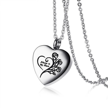 Cremation Necklace - Heart Shaped Cremation Urn Necklace Engraved With Roses & "Always In My Heart"