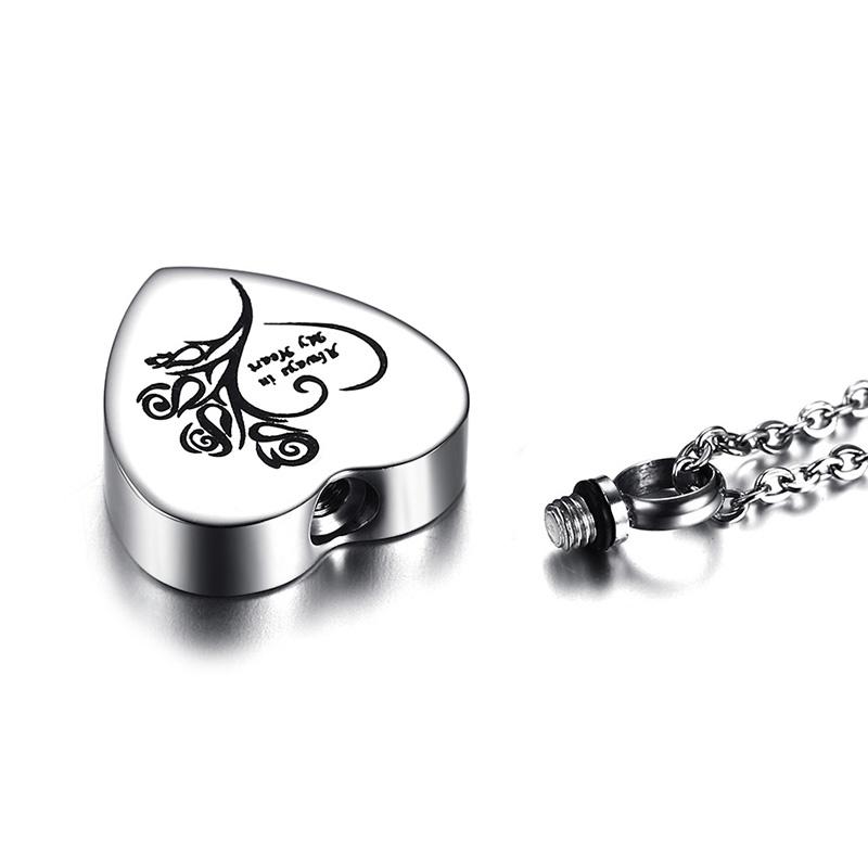 Cremation Necklace - Heart Shaped Cremation Urn Necklace Engraved With Roses & "Always In My Heart"