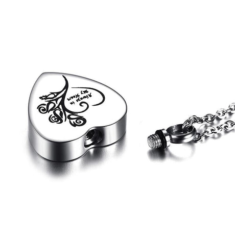 Cremation Necklace - Heart Shaped Cremation Urn Necklace Engraved With Roses & "Always In My Heart"