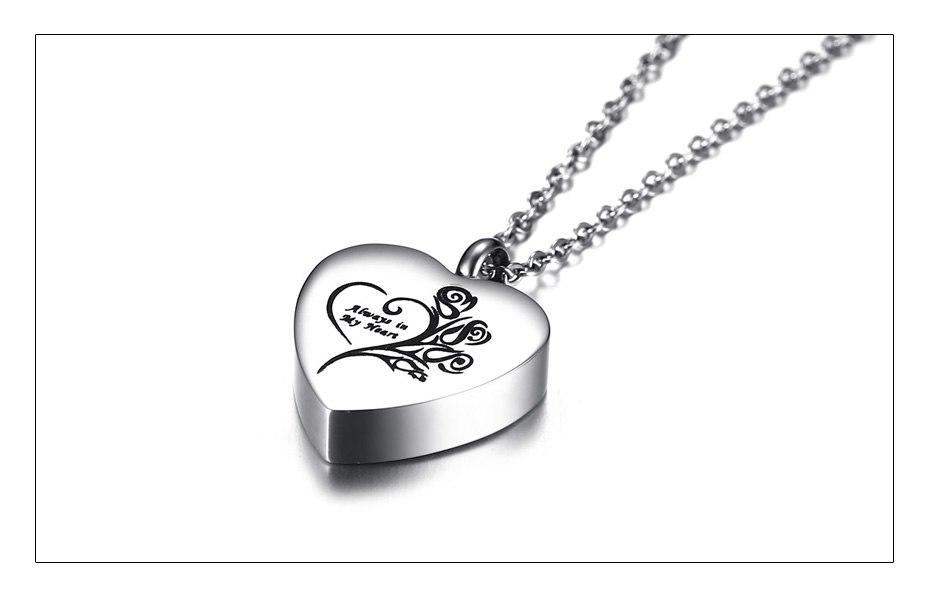 Cremation Necklace - Heart Shaped Cremation Urn Necklace Engraved With Roses & "Always In My Heart"