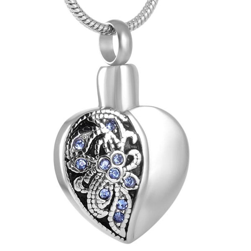 Cremation Necklace - Heart Shaped Cremation Urn Necklace With Blue Rhinestone Flowers