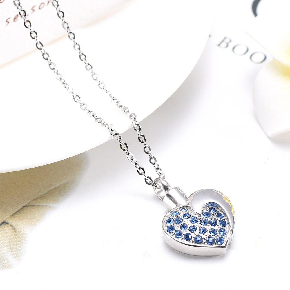 Cremation Necklace - Heart Shaped Cremation Urn Necklace With Rhinestones
