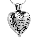 Cremation Necklace - Heart Shaped Locket "Always In My Heart" Cremation Urn Necklace