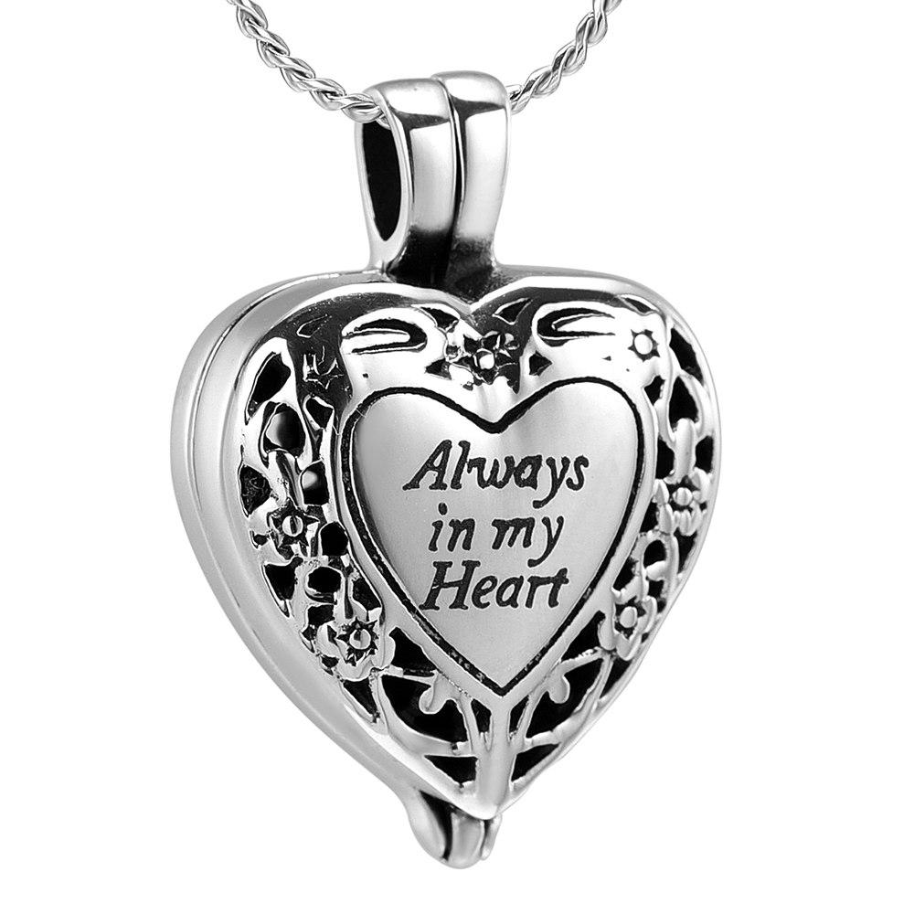 Cremation Necklace - Heart Shaped Locket "Always In My Heart" Cremation Urn Necklace