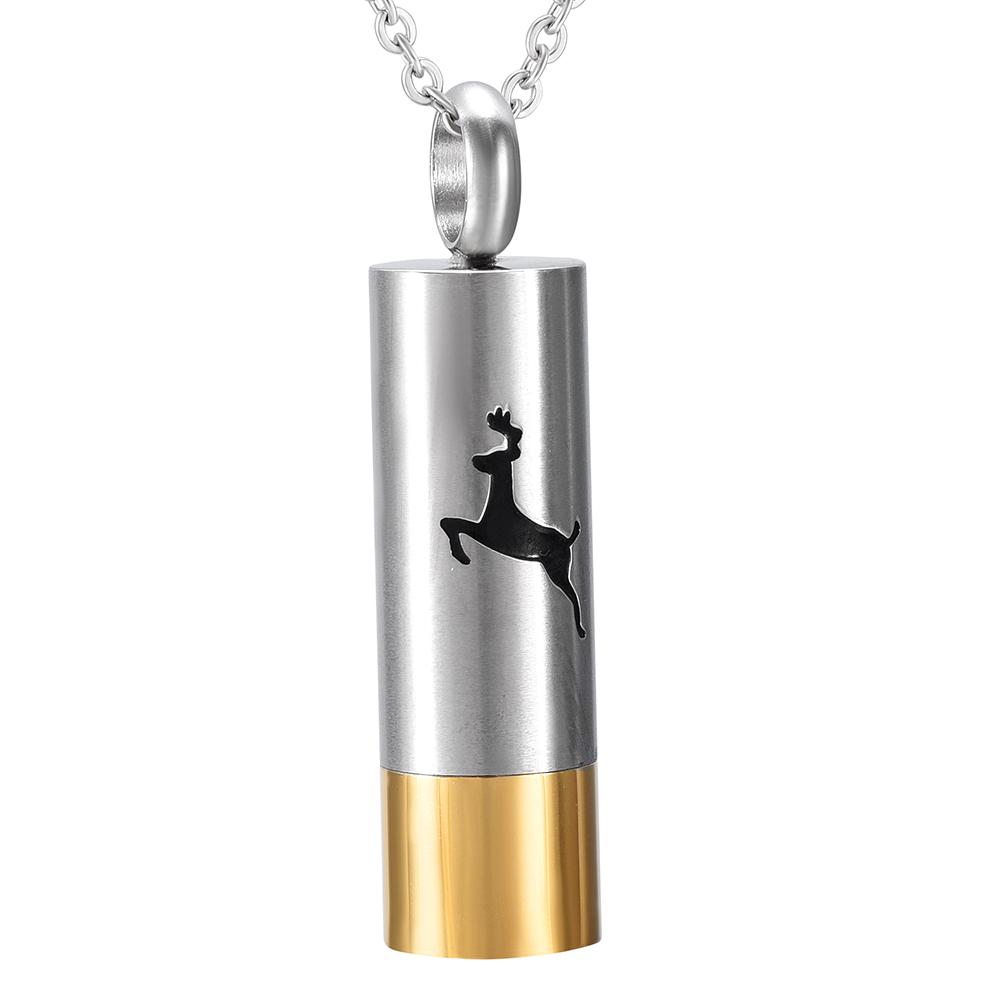 Cremation Necklace - Hunter Silver & Gold Cylinder Cremation Urn Necklace With A Deer