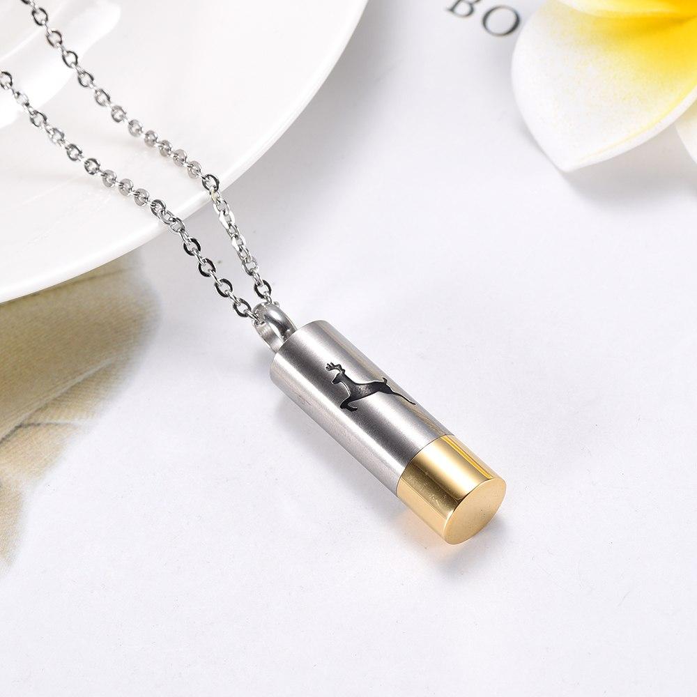 Cremation Necklace - Hunter Silver & Gold Cylinder Cremation Urn Necklace With A Deer