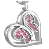 Cremation Necklace - Jeweled Butterfly In Heart Cremation Urn Necklace With Rhinestones