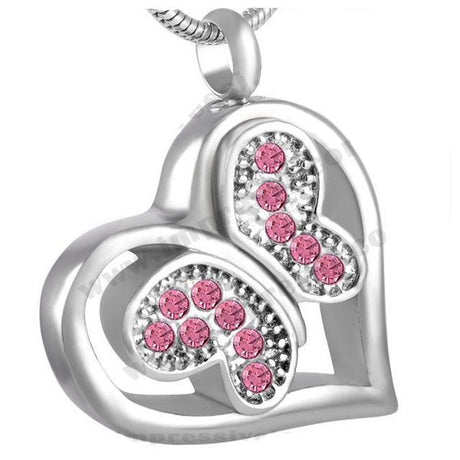 Cremation Necklace - Jeweled Butterfly In Heart Cremation Urn Necklace With Rhinestones