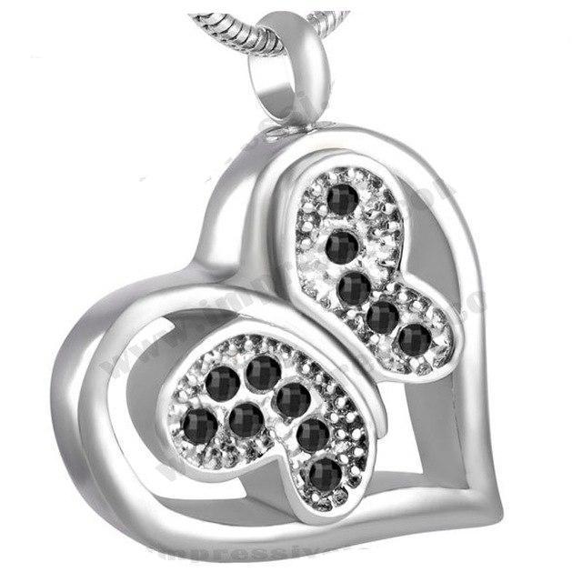 Cremation Necklace - Jeweled Butterfly In Heart Cremation Urn Necklace With Rhinestones