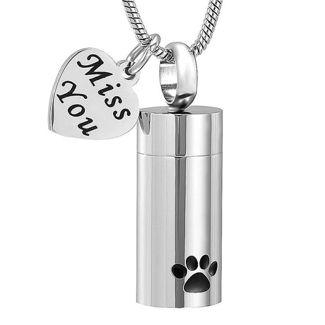 Cremation Necklace - "Miss You" Silver Cylinder Cremation Urn Necklace
